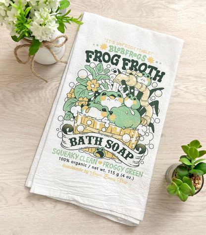 Blobfrogs Frog Froth Bath Soap Vintage Logo Flour Sack Tea Towel