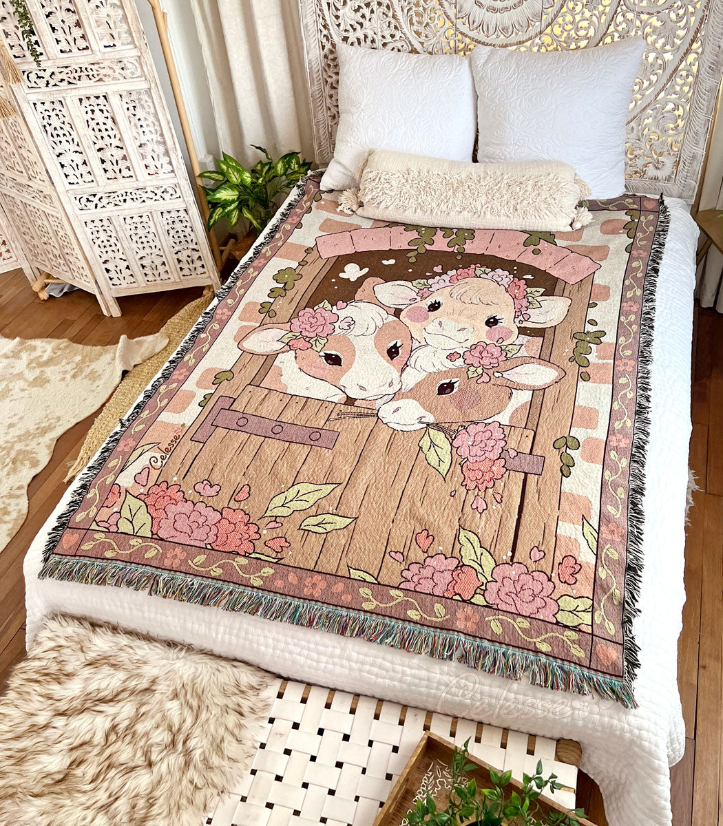 Country Girls Cows Woven Blanket Throw Tapestry