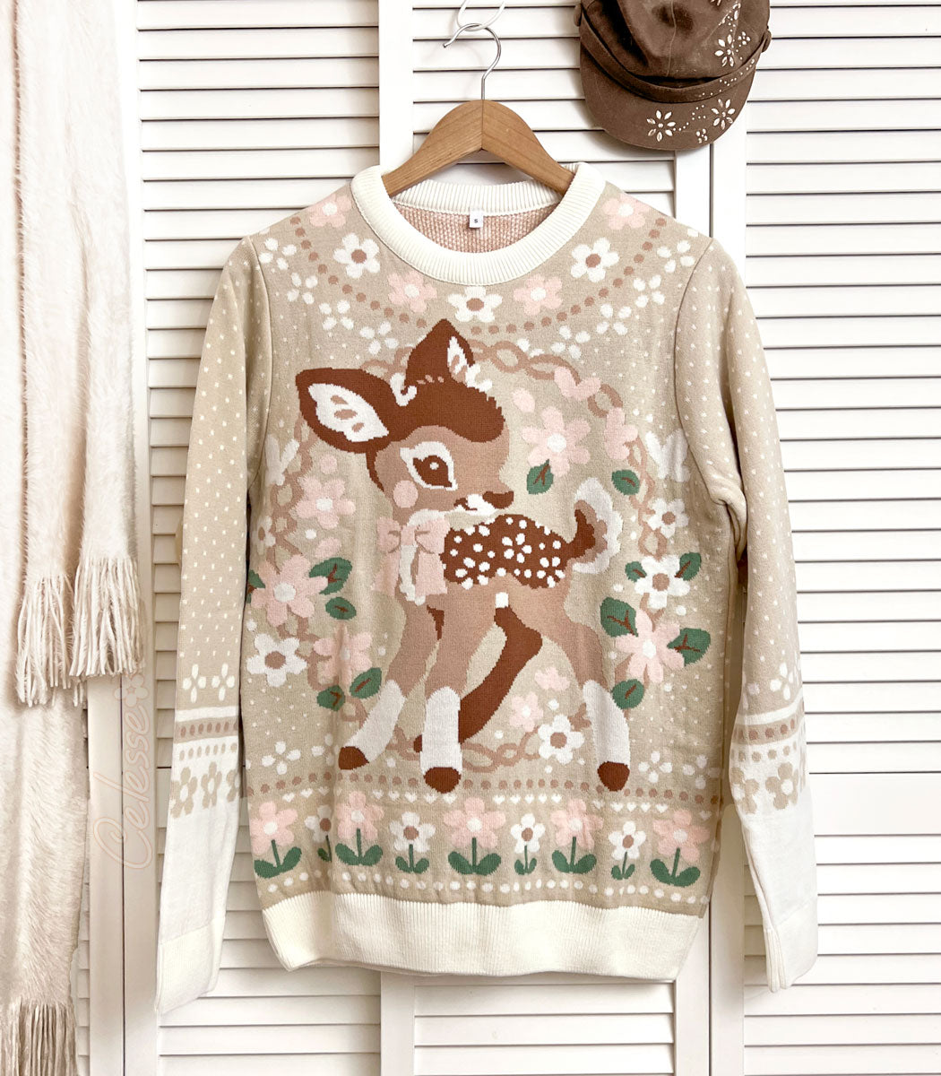 Little Deer Fawn Floral Knit Sweater