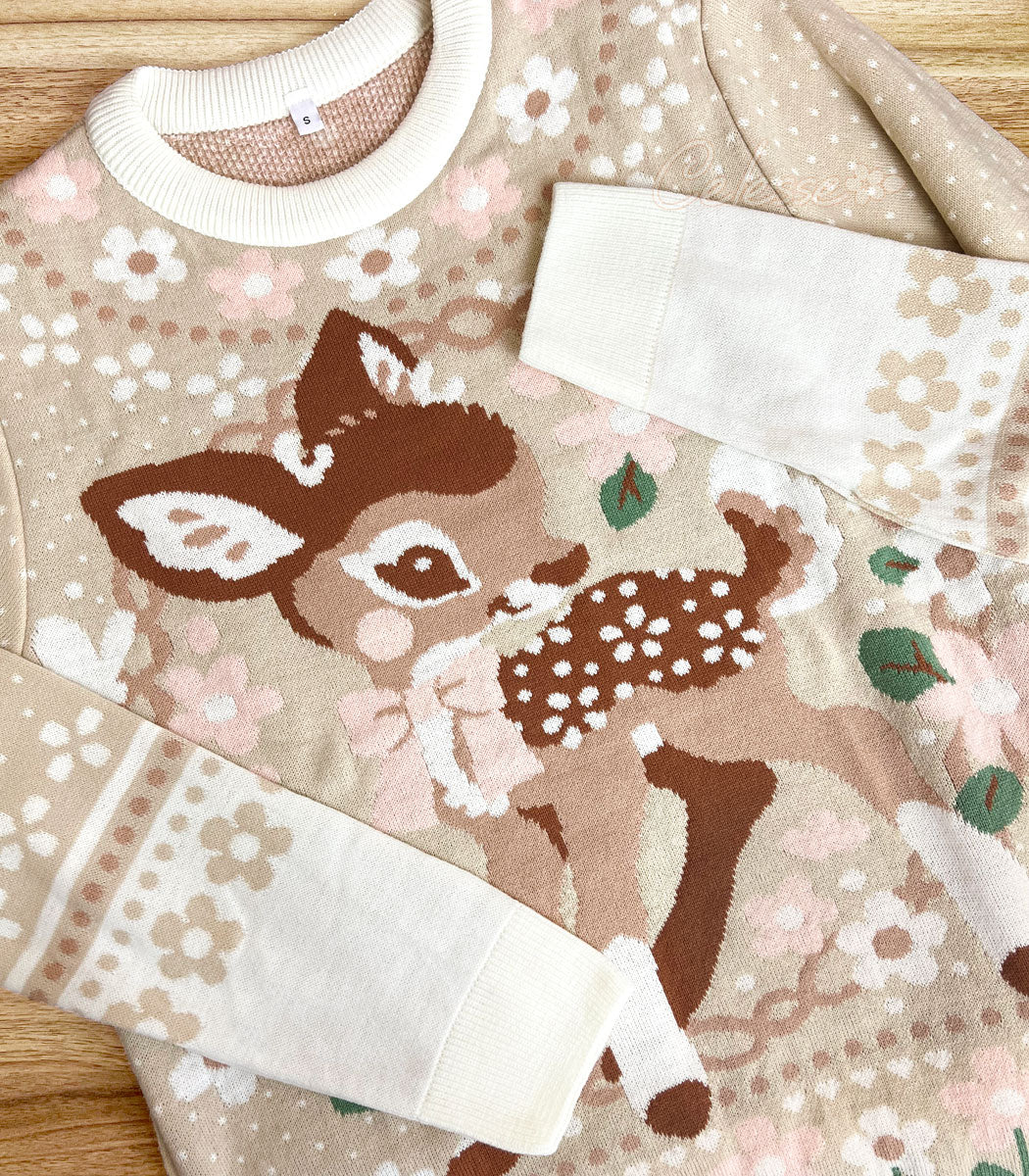 Little Deer Fawn Floral Knit Sweater close up