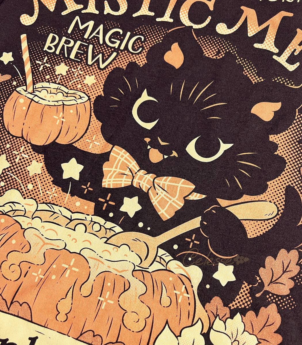 Mystic Mew Pumpkin Spice Tonic Halloween Black Cat Shirt close up of print