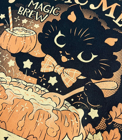 Mystic Mew Pumpkin Spice Tonic Halloween Black Cat Sweatshirt close up of print