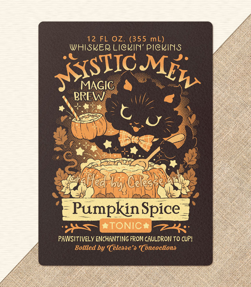 Mystic Mew Pumpkin Spice Tonic Halloween Black Cat Art Print