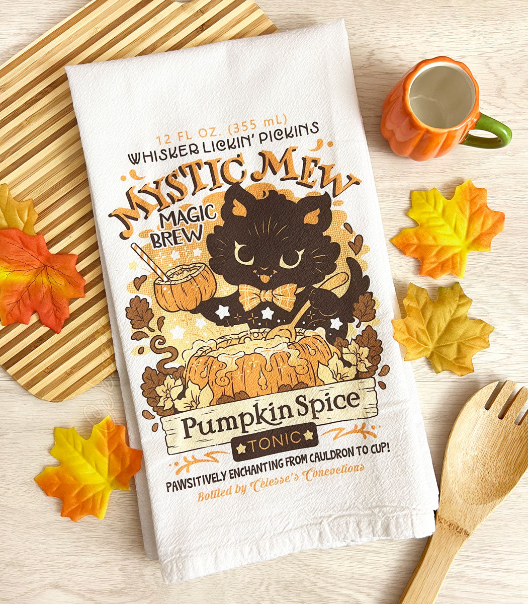 Mystic Mew Pumpkin Spice Halloween Cat Flour Sack Tea Towel