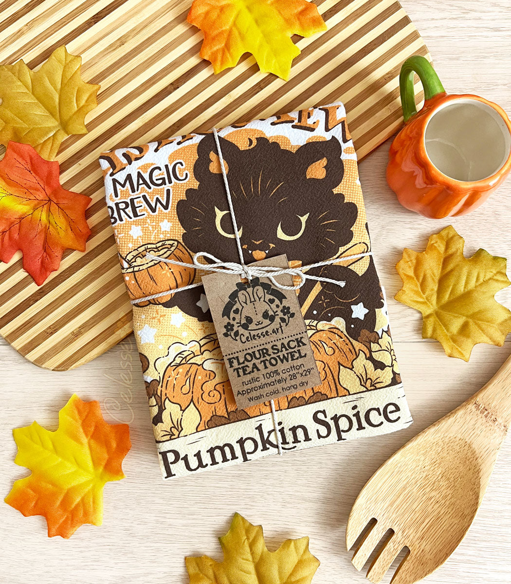 Mystic Mew Pumpkin Spice Halloween Cat Flour Sack Tea Towel