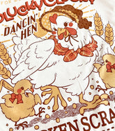 Plucky Clucky Chicken Scratch Vintage Logo Shirt close up of print