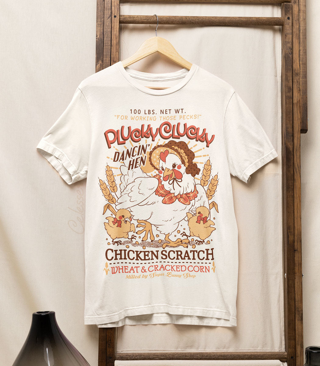 Plucky Clucky Chicken Scratch Vintage Logo Shirt