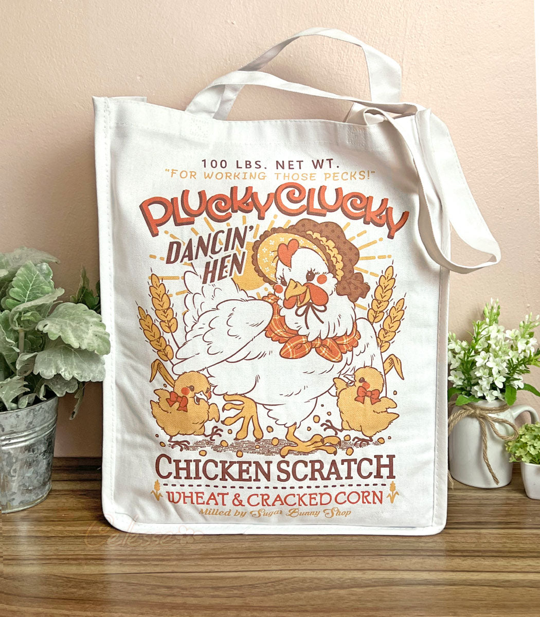 Plucky Clucky Chicken Scratch Vintage Logo Canvas Tote Bag