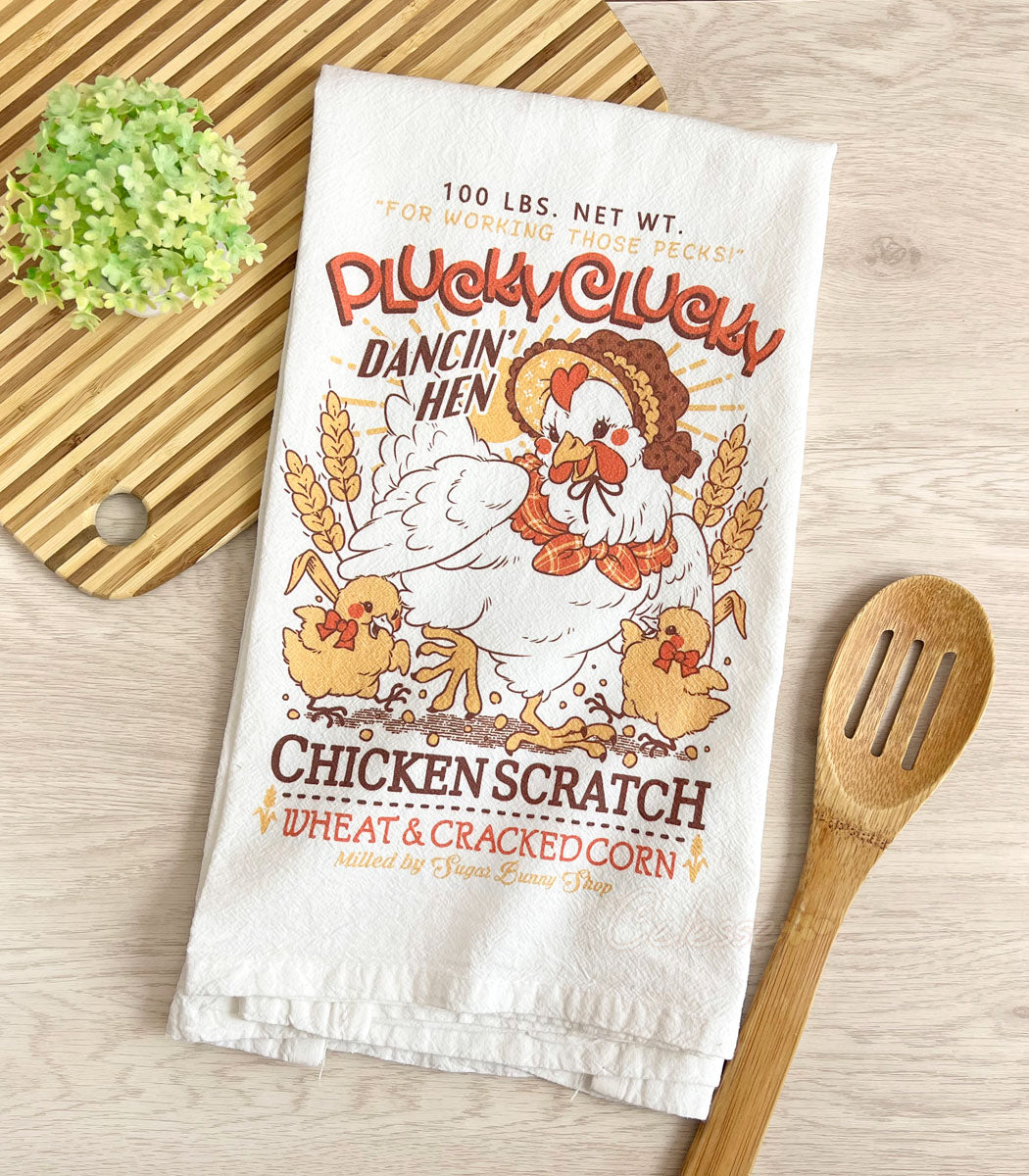 Plucky Clucky Chicken Scratch Vintage Logo Flour Sack Tea Towel