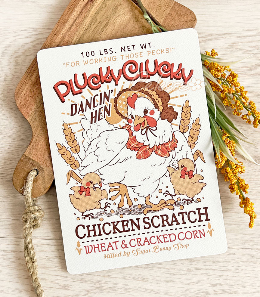 Plucky Clucky Chicken Scratch Vintage Logo Textured Print