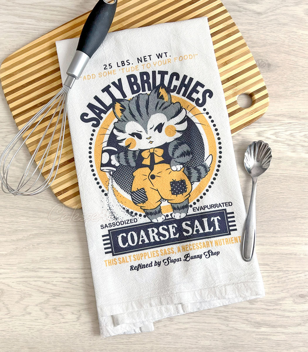 Salty Britches Coarse Salt Cat Vintage Logo Flour Sack Tea Towel