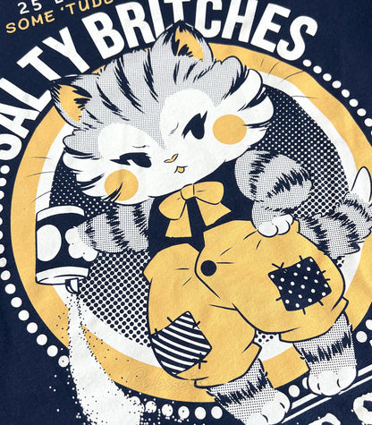 Salty Britches Coarse Salt Cat Vintage Logo Shirt close up of print