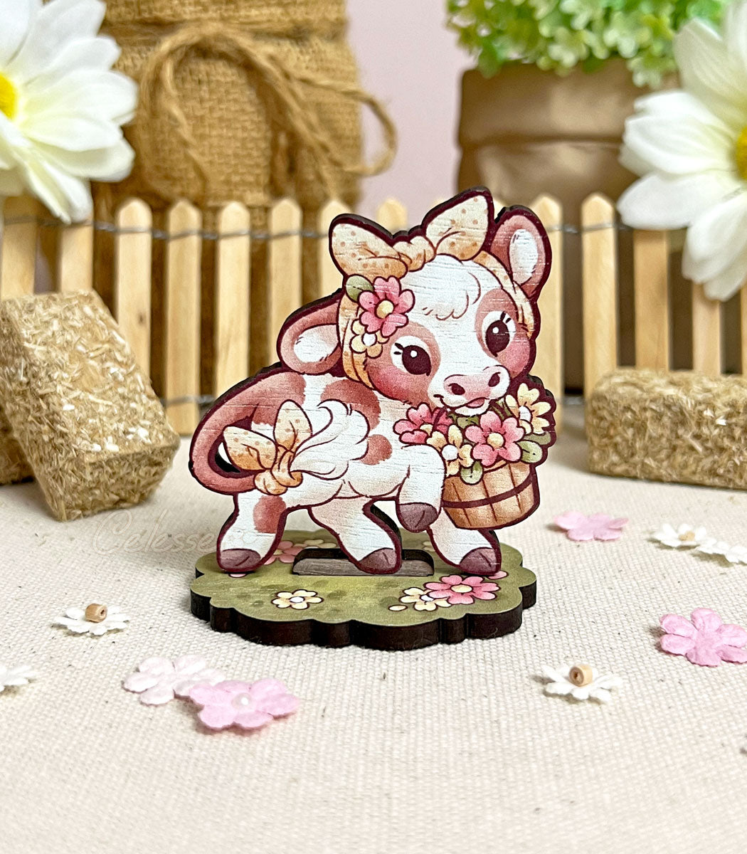 Tiny Moos Cow Wood Standees with flower bucket