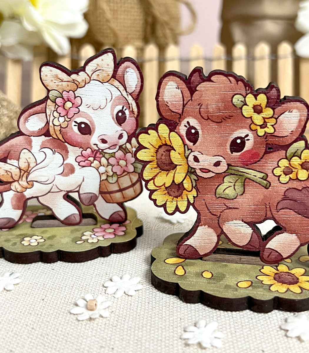 Tiny Moos Cow Wood Standees flower bucket and sunflowers