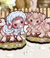 Tiny Moos Cow Wood Standees blue bonnet and pink ribbons