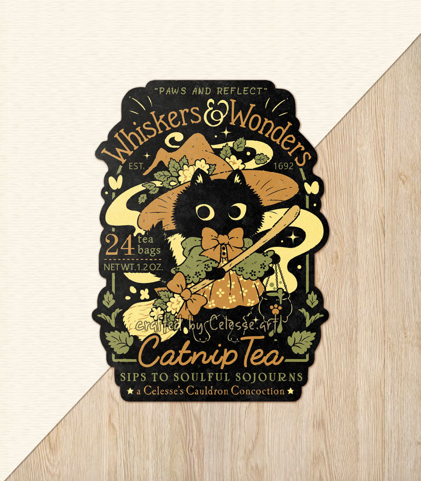 Whiskers &amp; Wonders Catnip Tea Witch Cat Halloween Vinyl Sticker