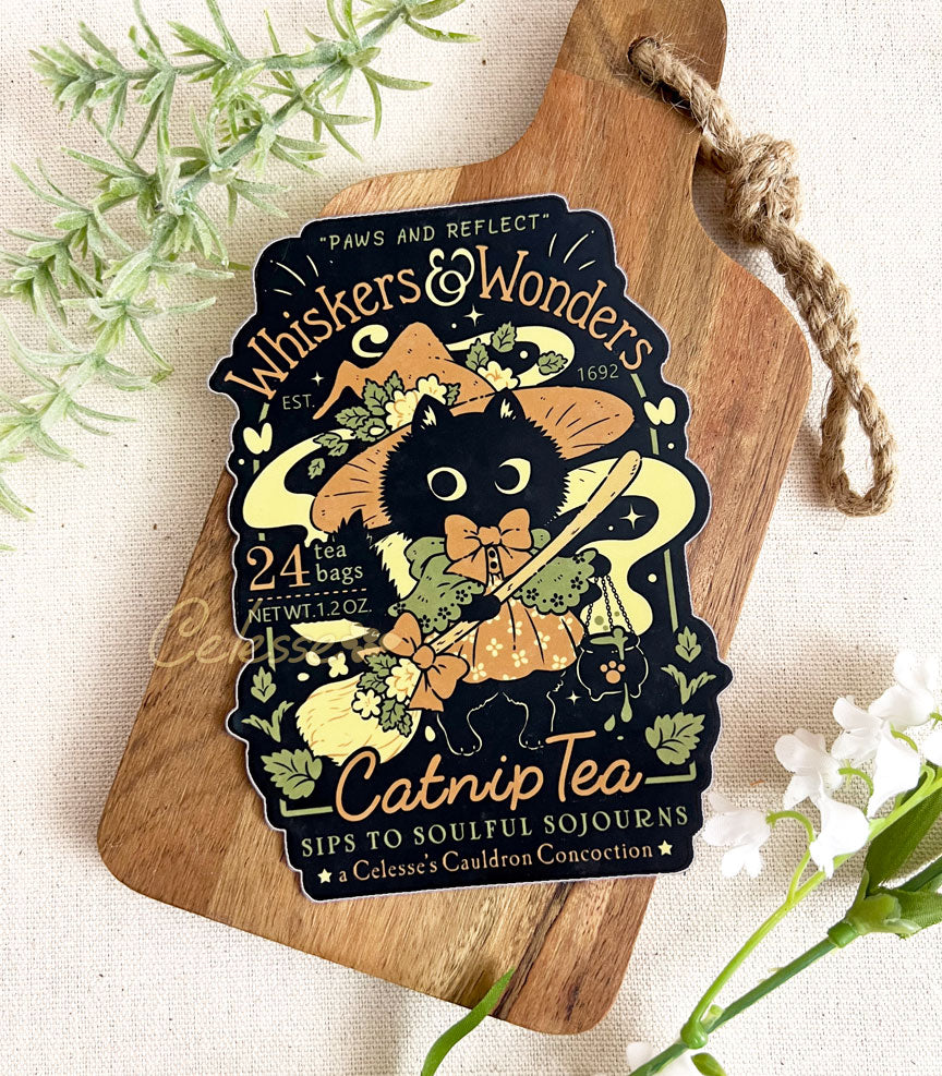 Whiskers &amp; Wonders Catnip Tea Witch Cat Halloween Vinyl Sticker